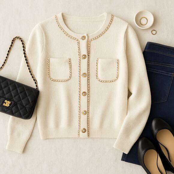 Nanette Lepore White Knit Gold Button Chain Trim Quiet Luxury Cardigan Medium - Picture 2 of 11